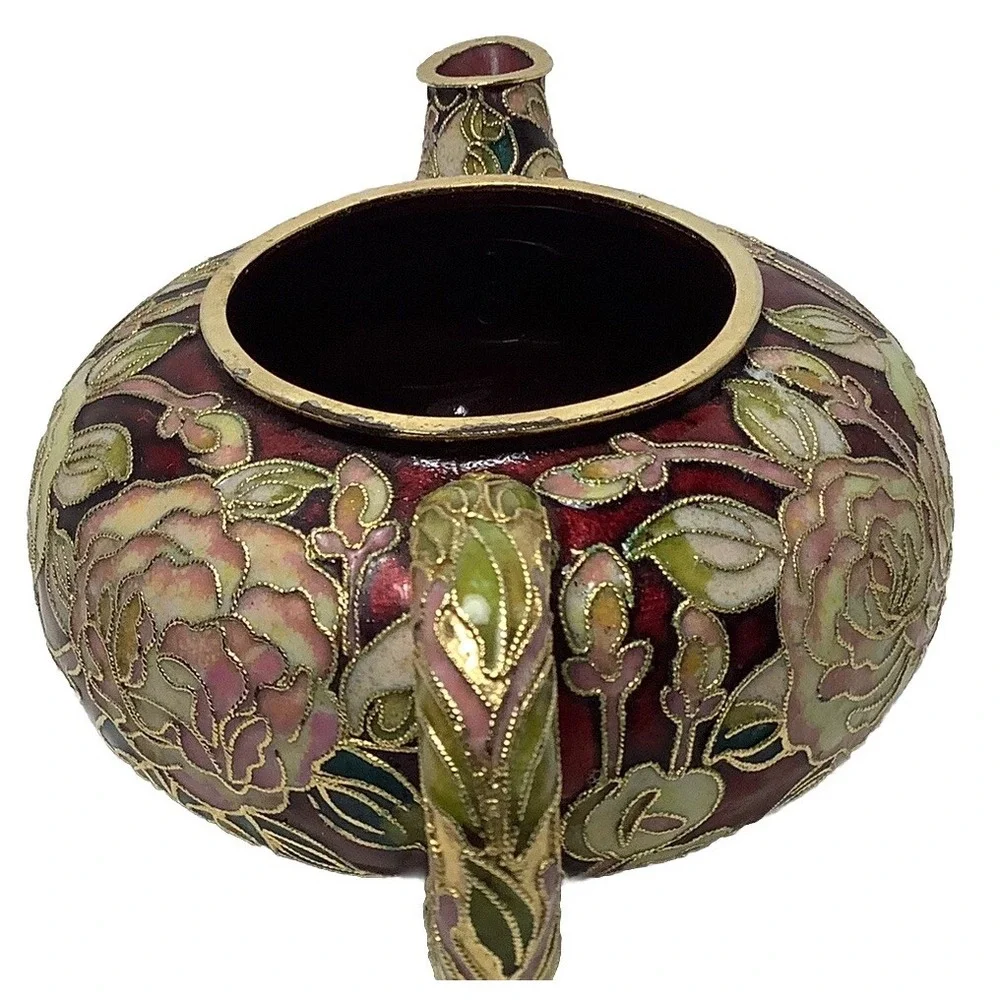 Vtg Floral Cloisonne Teapot Music‎ Box Works Moon River Limited Edition No Lid